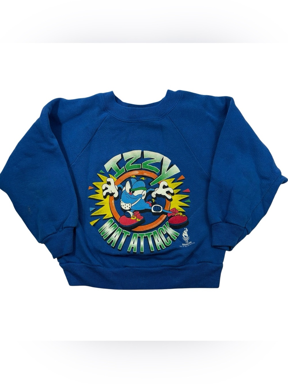 Vintage Atlanta 1996 Olympics Blue Izzy Mat Attack Crewneck Sweatshirt Youth M